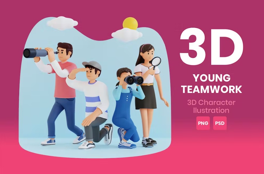 Free Young Teamwork 3D Character Illustration Template Download