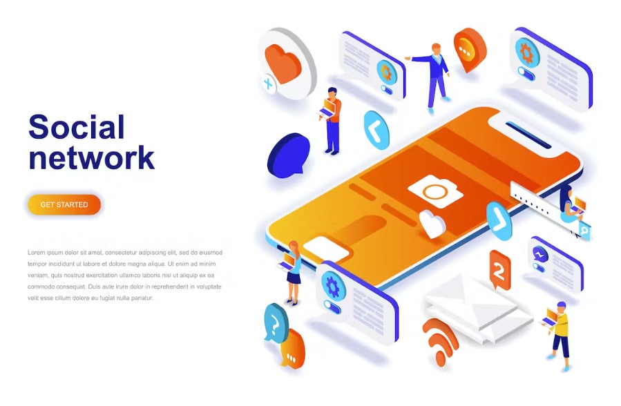 Free Social Network Isometric Landing Page Template Download