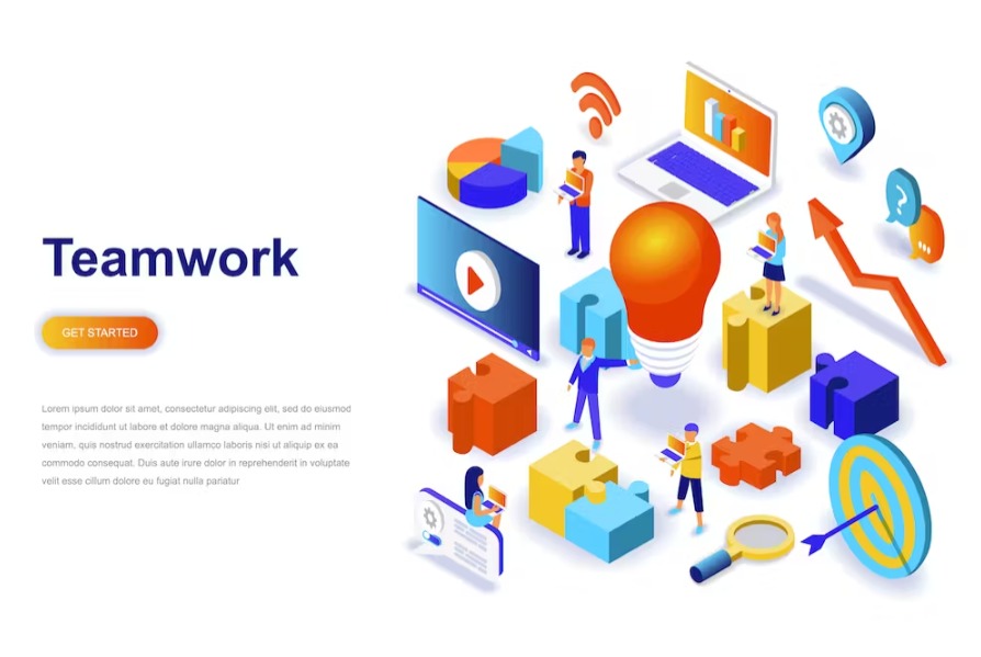 Free Teamwork Isometric Landing Page Template Download